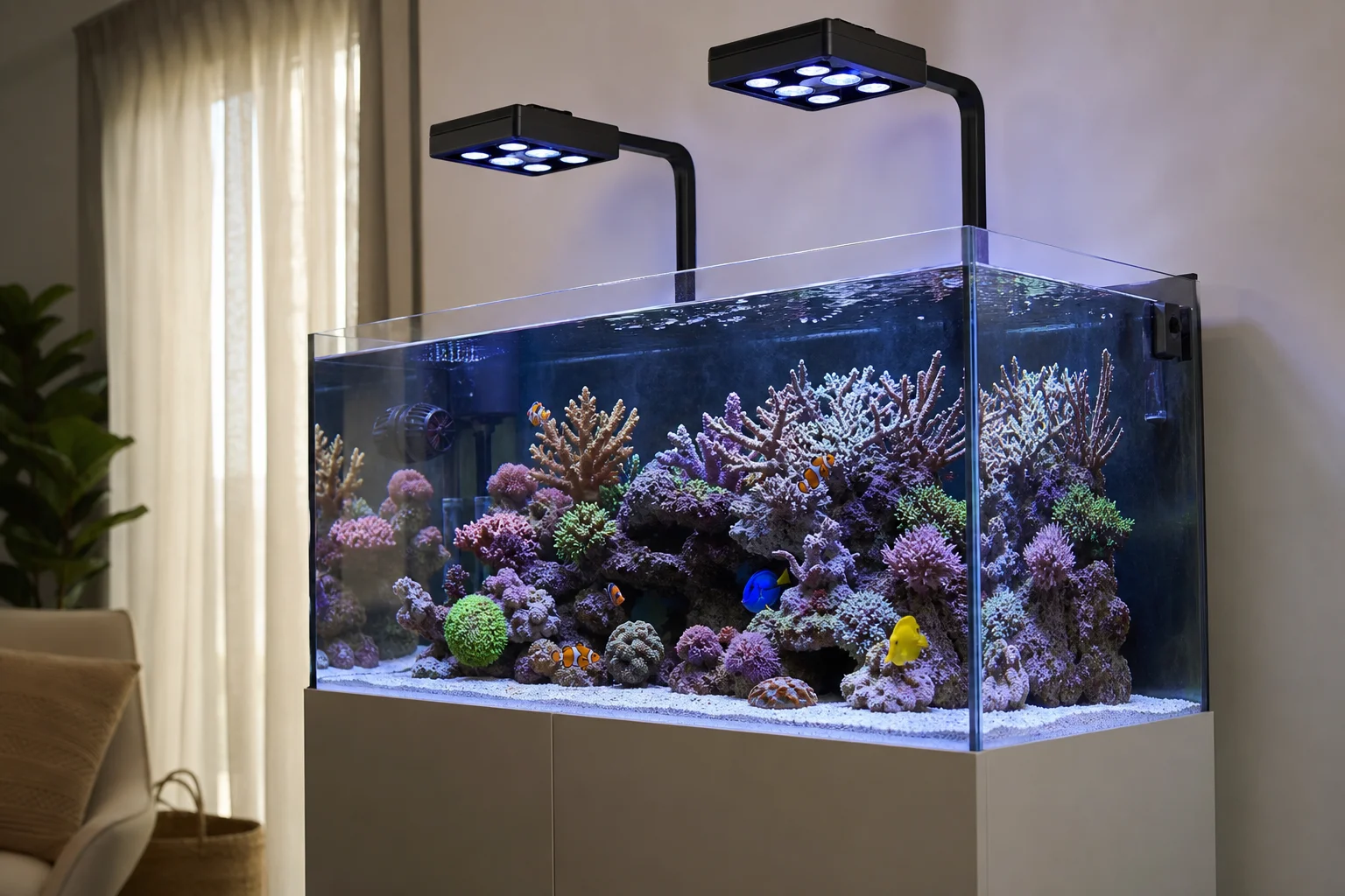 Saltwater aquarium with two LED fixtures mounted above tank providing even coverage