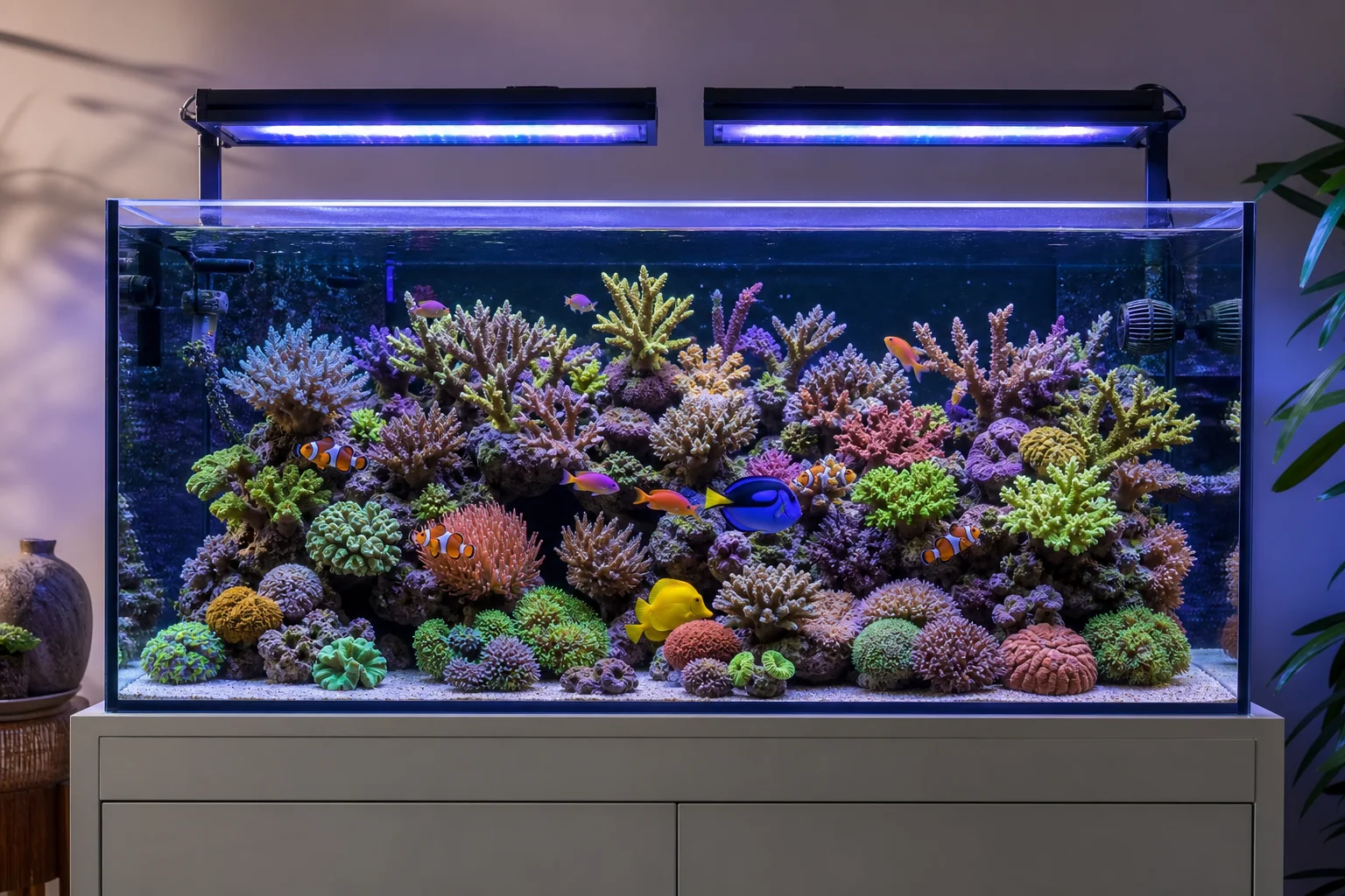 Healthy reef tank with lush coral growth under properly tuned LED lighting