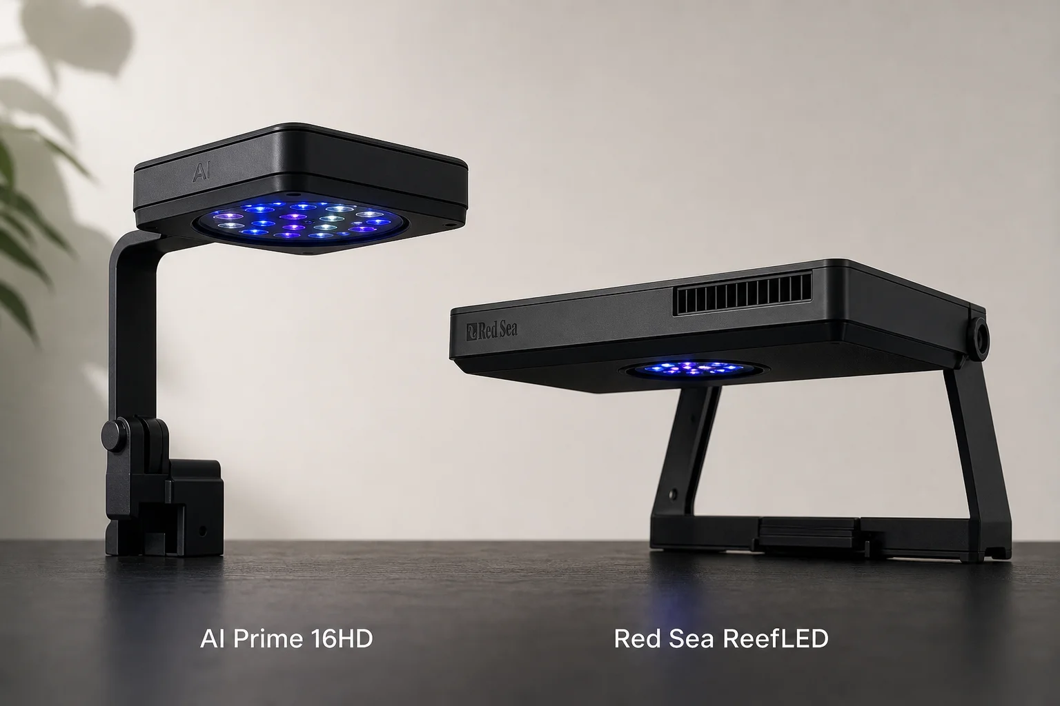AI Prime 16HD and Red Sea ReefLED aquarium lights on dark surface