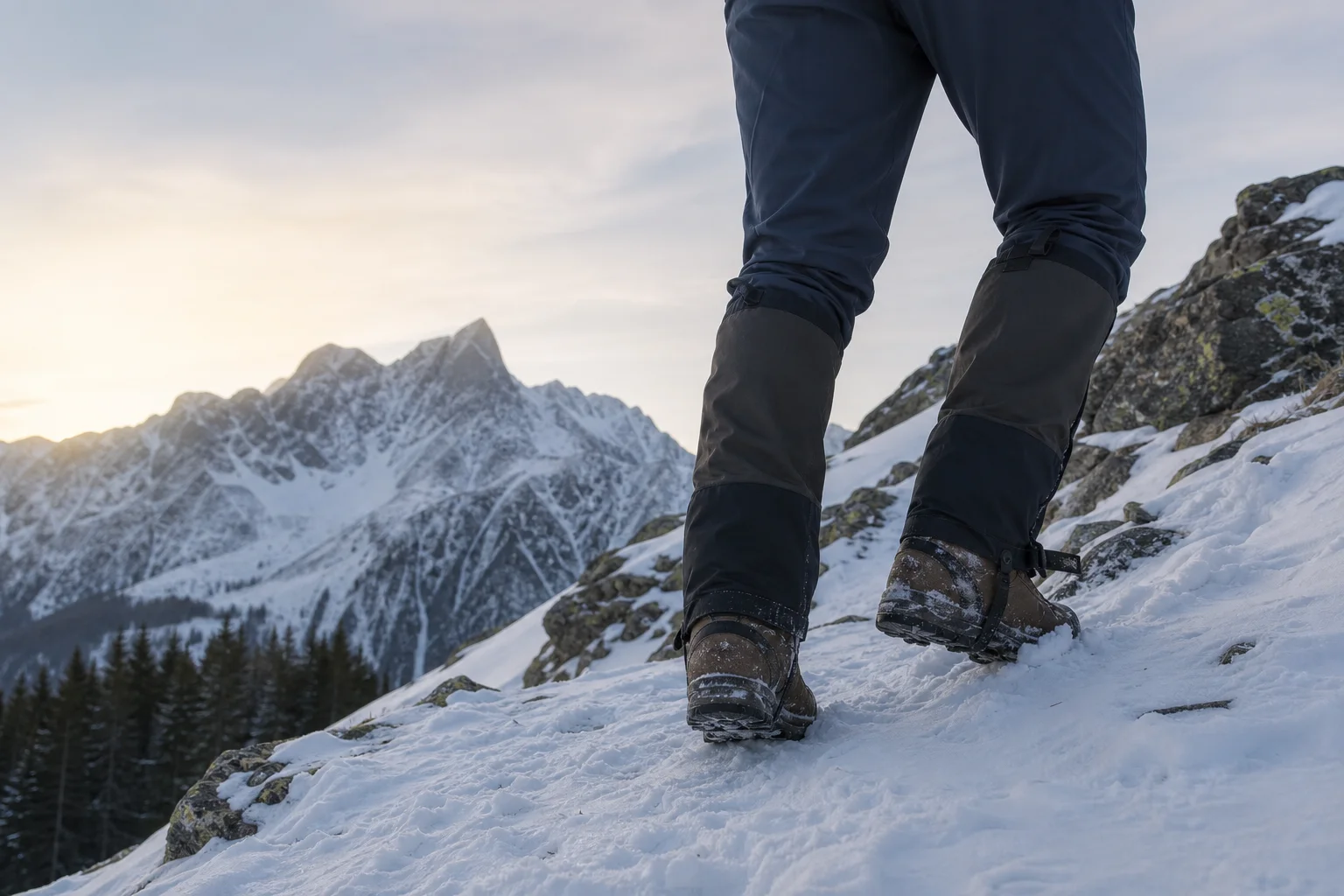 Hiker's legs and boots on a snowy mountain trail with winter landscape