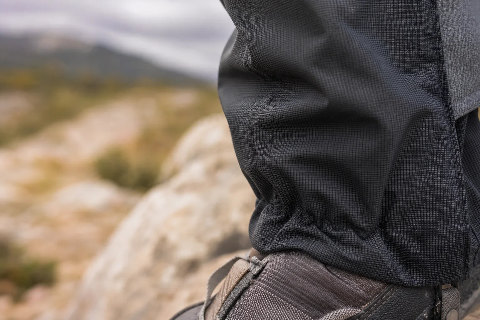Close-up of leg gaiter material showing texture and durability