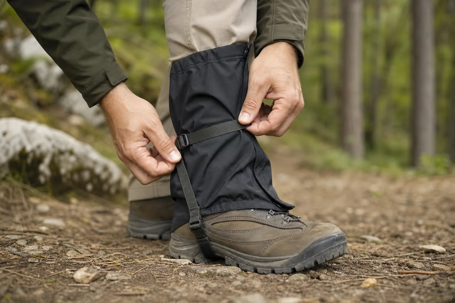Hiker adjusting gaiter straps and fasteners on boots during trail activity