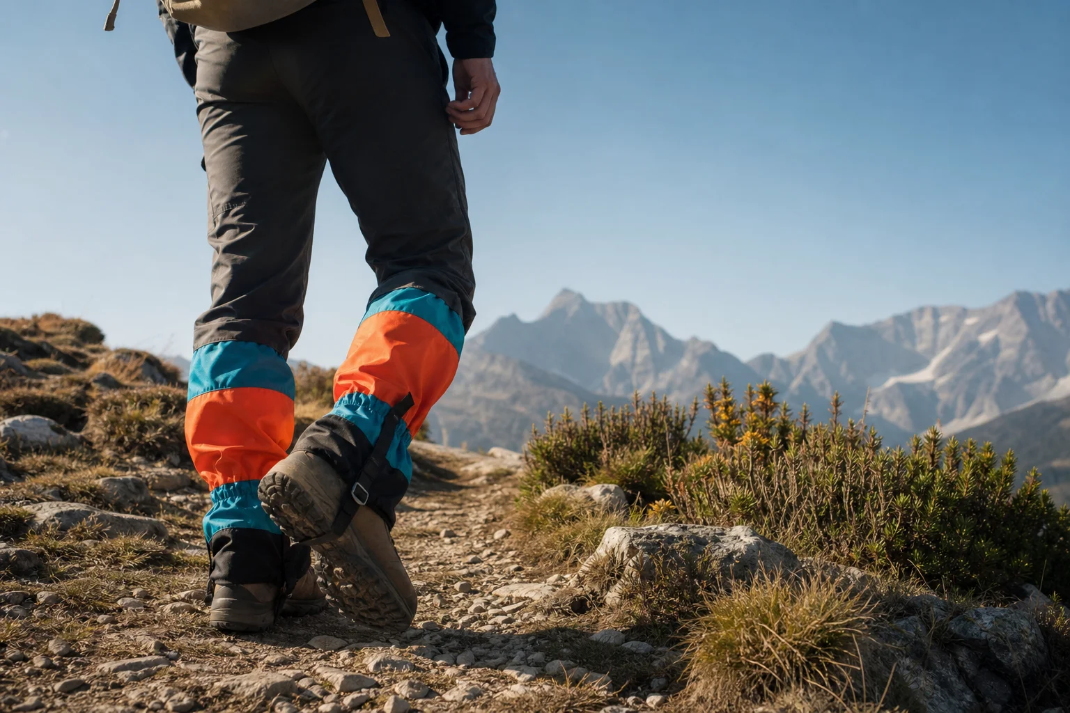 Hiker wearing colorful leg gaiters on a sunny mountain trail
