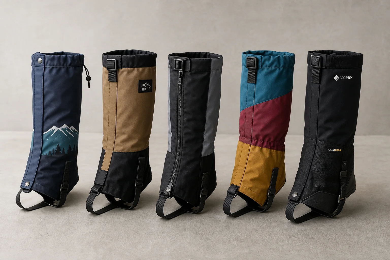 Five leg gaiters in different styles and materials arranged on concrete
