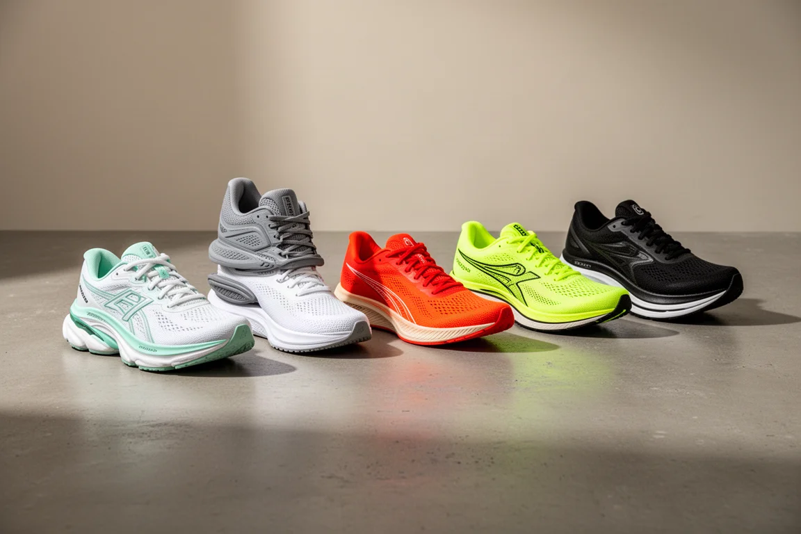 Six high-cushion running shoes arranged in a row on a concrete surface