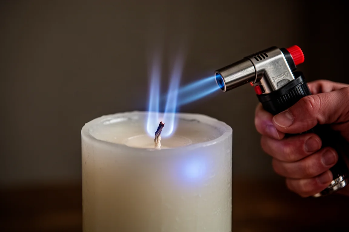 En trippeljets-torchlåga som tänder en ljusveke i ett svagt upplyst rum