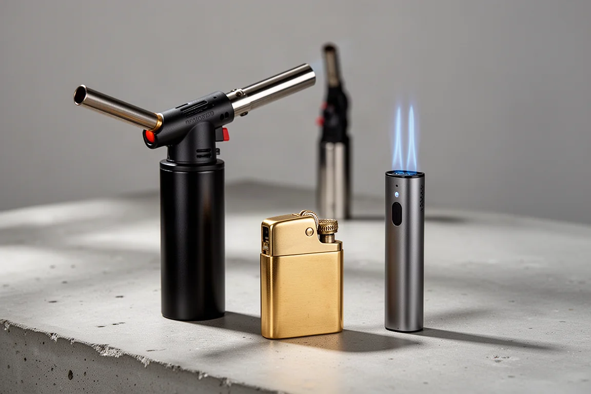 A torch lighter, a brass lighter, and an electric lighter arranged on a concrete surface