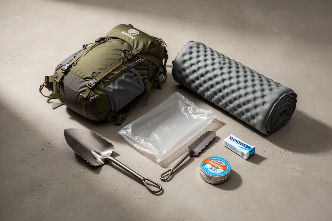 Flat lay of lightweight backpacking gear on a wooden surface