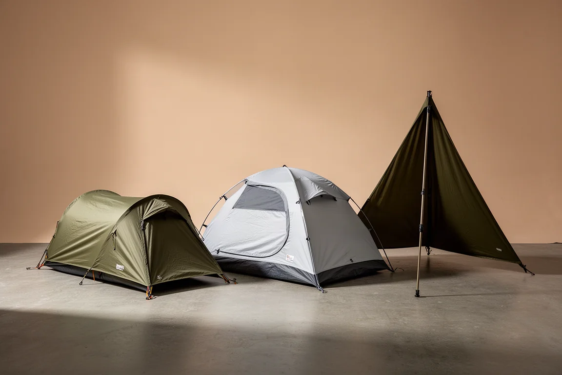 Three lightweight backpacking tents in olive and grey pitched side by side on a neutral backdrop