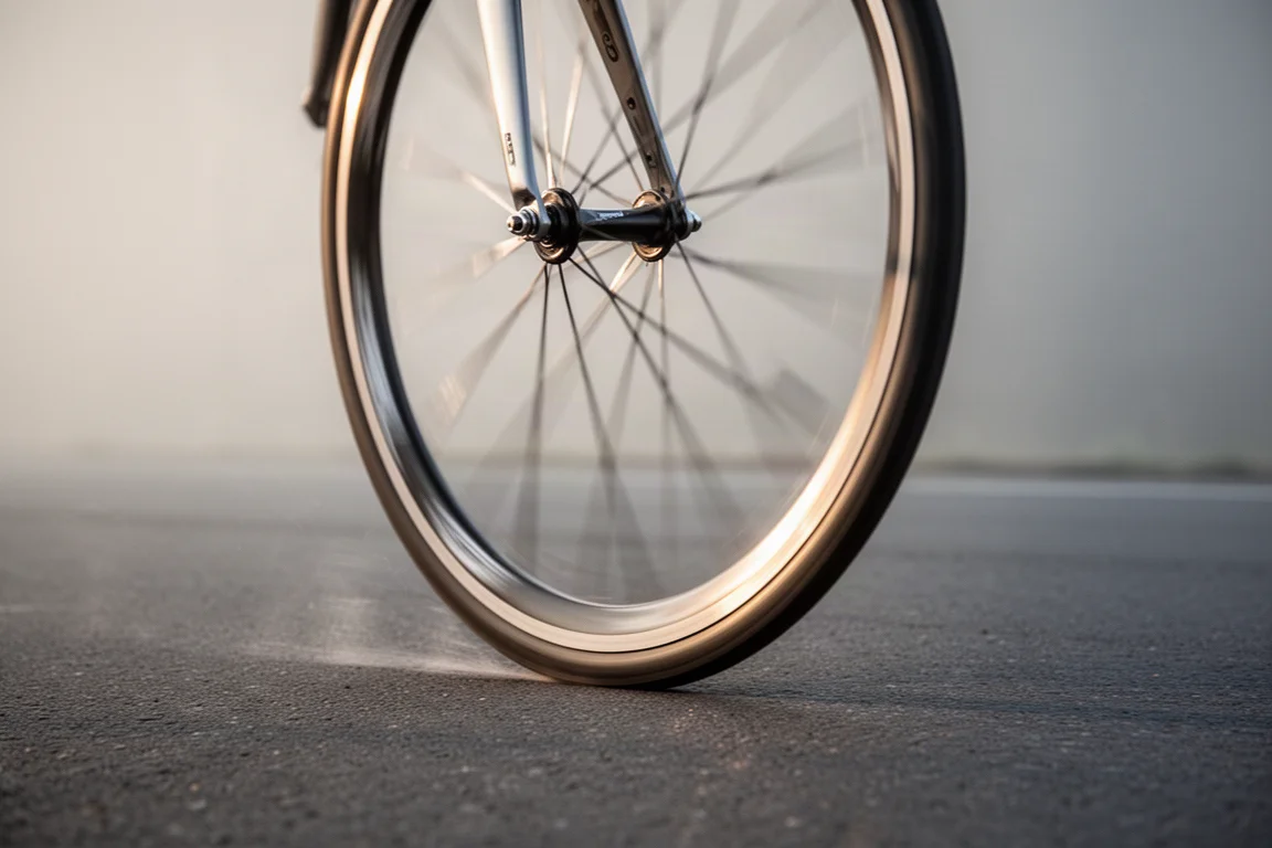 Nahaufnahme eines sich drehenden Rennrad-Laufrads auf glattem Asphalt im tiefen Morgenlicht