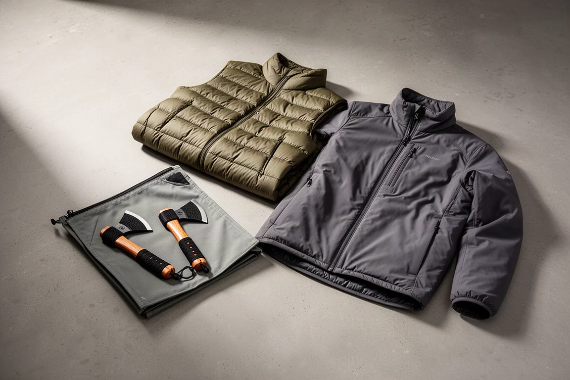 Packable ax throwing game and two lightweight synthetic jackets arranged on a concrete surface