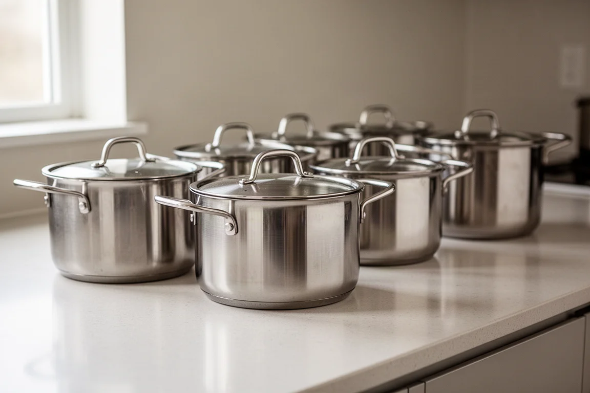 Several stainless steel pots of similar size arranged on a test kitchen counter
