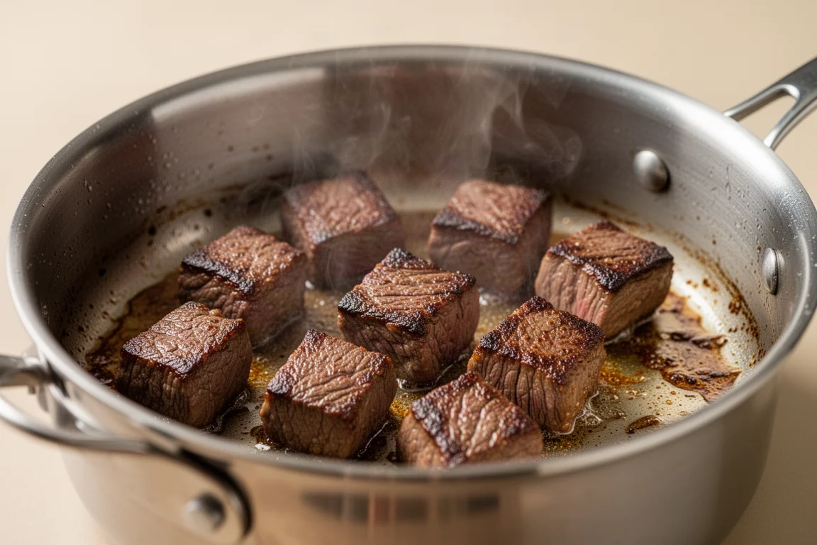 Close-up of meat searing deeply in a stainless steel pot