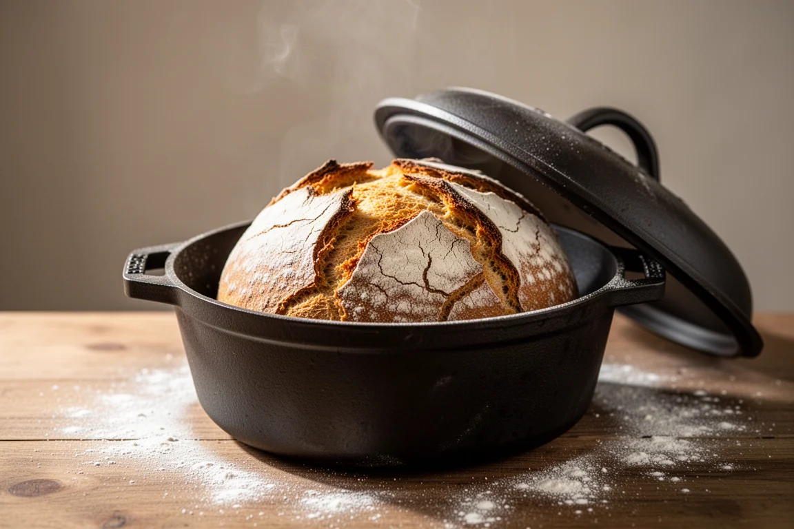 Bread loaf baked inside a heavy Dutch oven on a counter