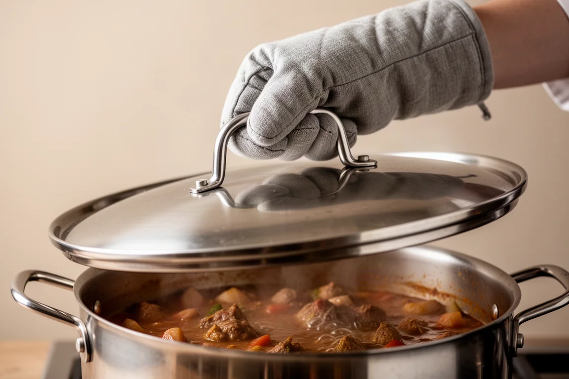 Cook lifting the lid off a stainless steel pot with a large oven-mitted hand