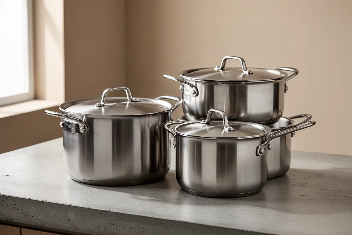 Two stainless steel tri-ply stock pots with lids on a concrete kitchen surface