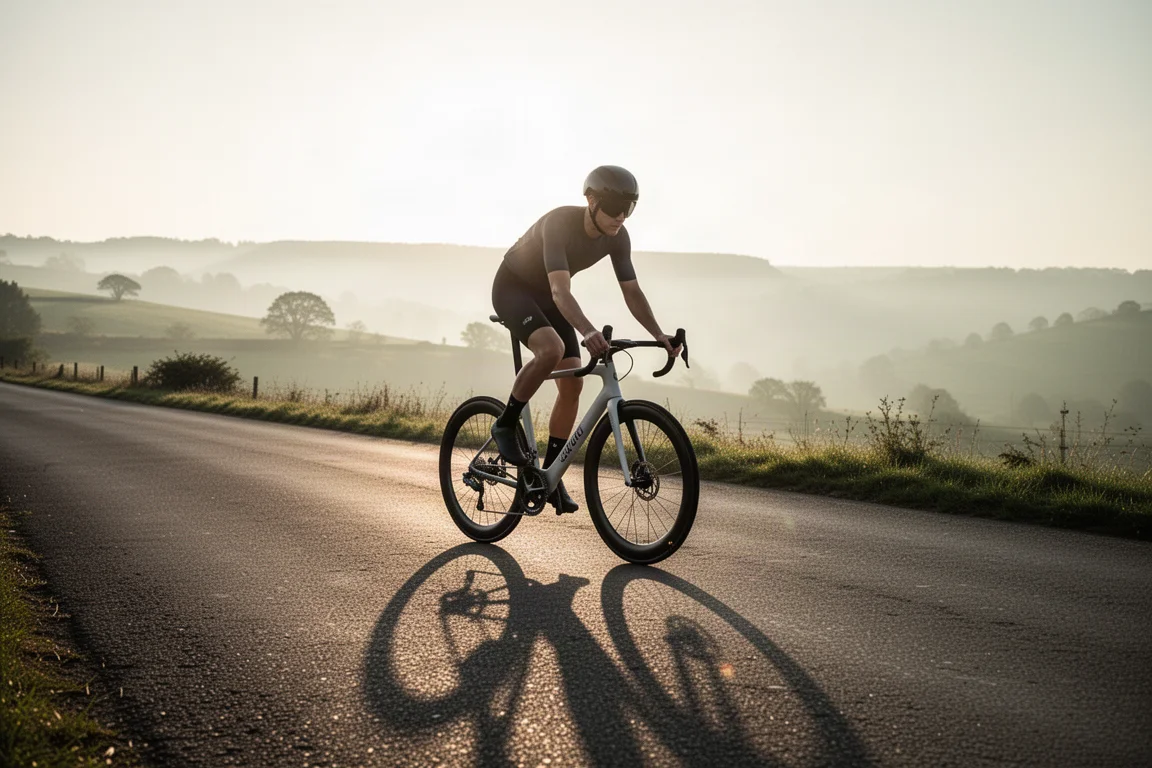Cyclist climbing a quiet country road at first light on a slim carbon road bike