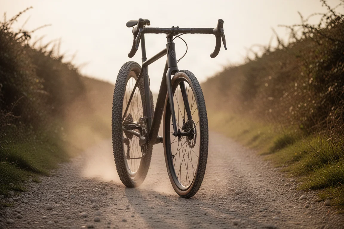 Drop-bar bike rolling along a hardpack gravel track in low golden light