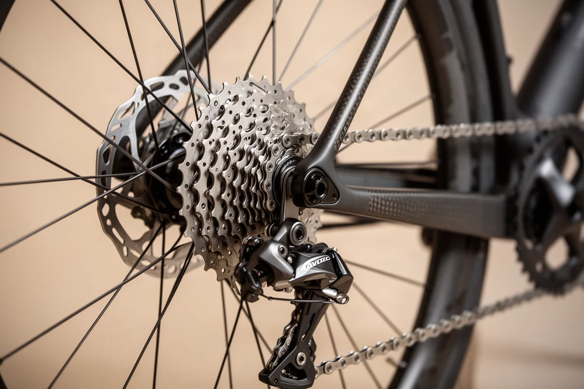 Close-up of a rear wheel hub, cassette and disc rotor on a carbon road bike
