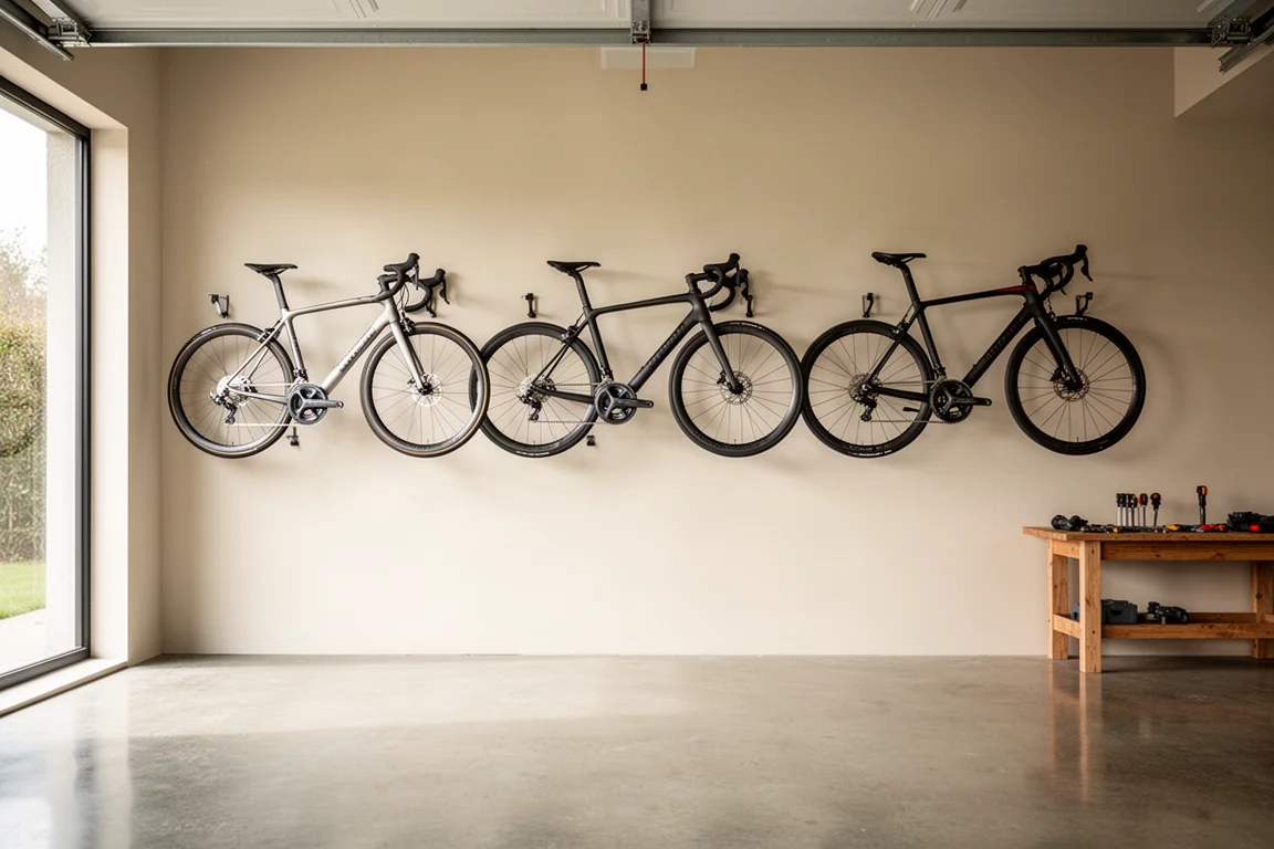 Three carbon road bikes on wall mounts in a bright minimalist garage