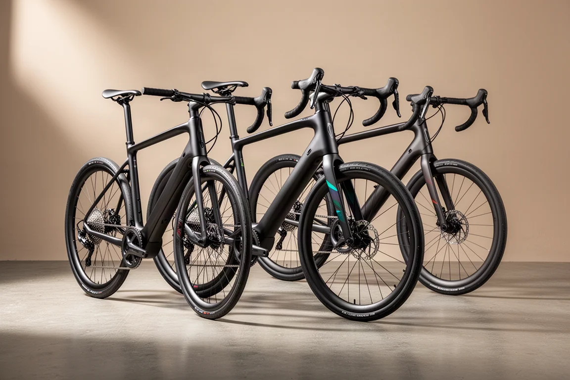 Three lightweight electric road bikes with slim carbon frames on a concrete surface