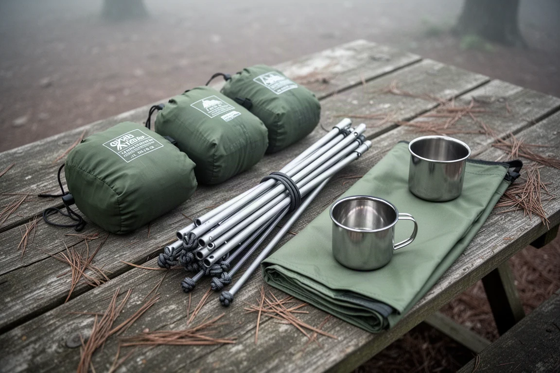 Flach liegende gepackte Stuhltaschen und Aluminiumstangen auf einem Picknicktisch