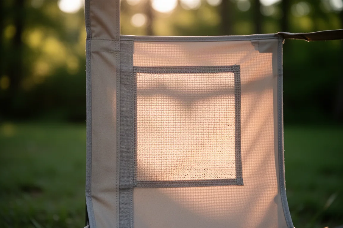 Nahaufnahme eines Mesheinsatzes in der Rückenlehne eines Campingstuhls mit durchscheinendem Sonnenlicht