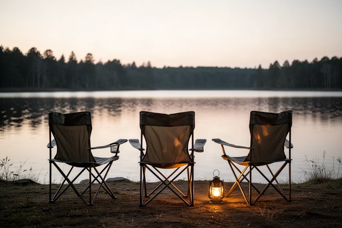 Drei leere Campingstühle mit Laterne mit Blick auf einen See in der Abenddämmerung