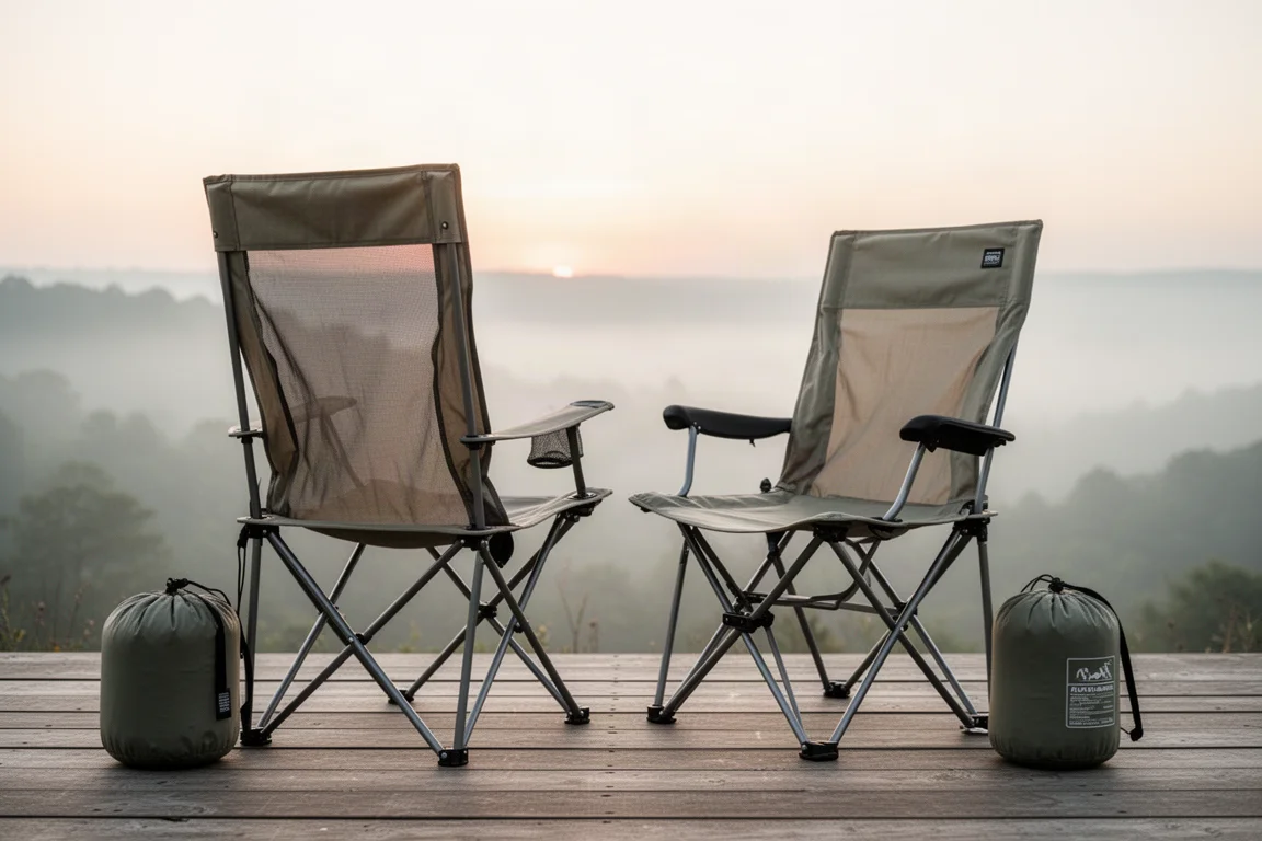 Zwei Campingstühle auf einer Holzterrasse mit Blick auf ein nebliges Tal bei Sonnenaufgang
