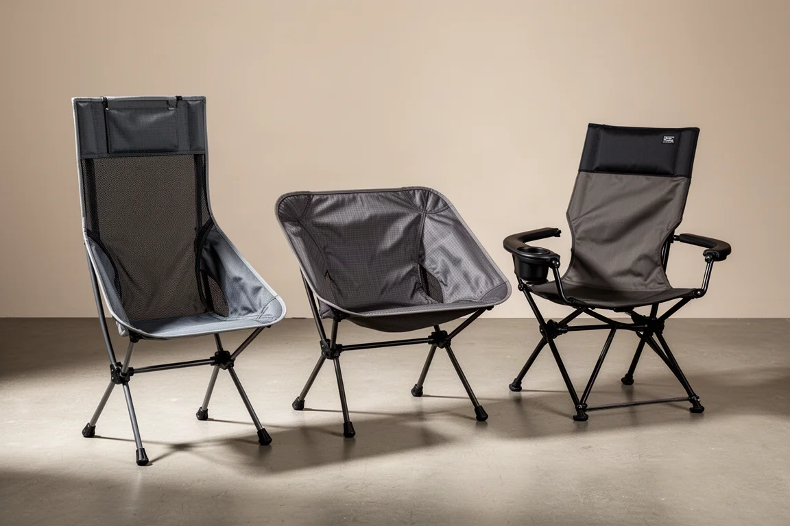Three lightweight high-back camp chairs arranged side by side on a concrete floor