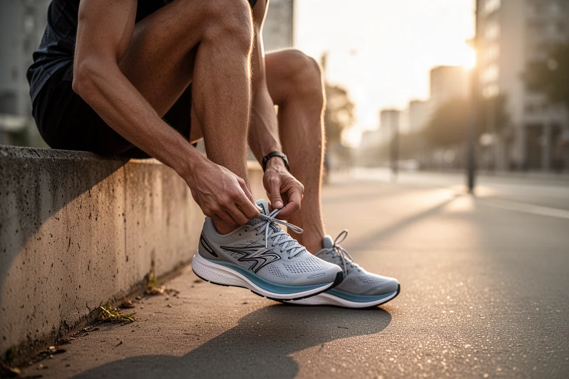 Runner lacing up a lightweight trainer on a quiet city sidewalk at sunrise