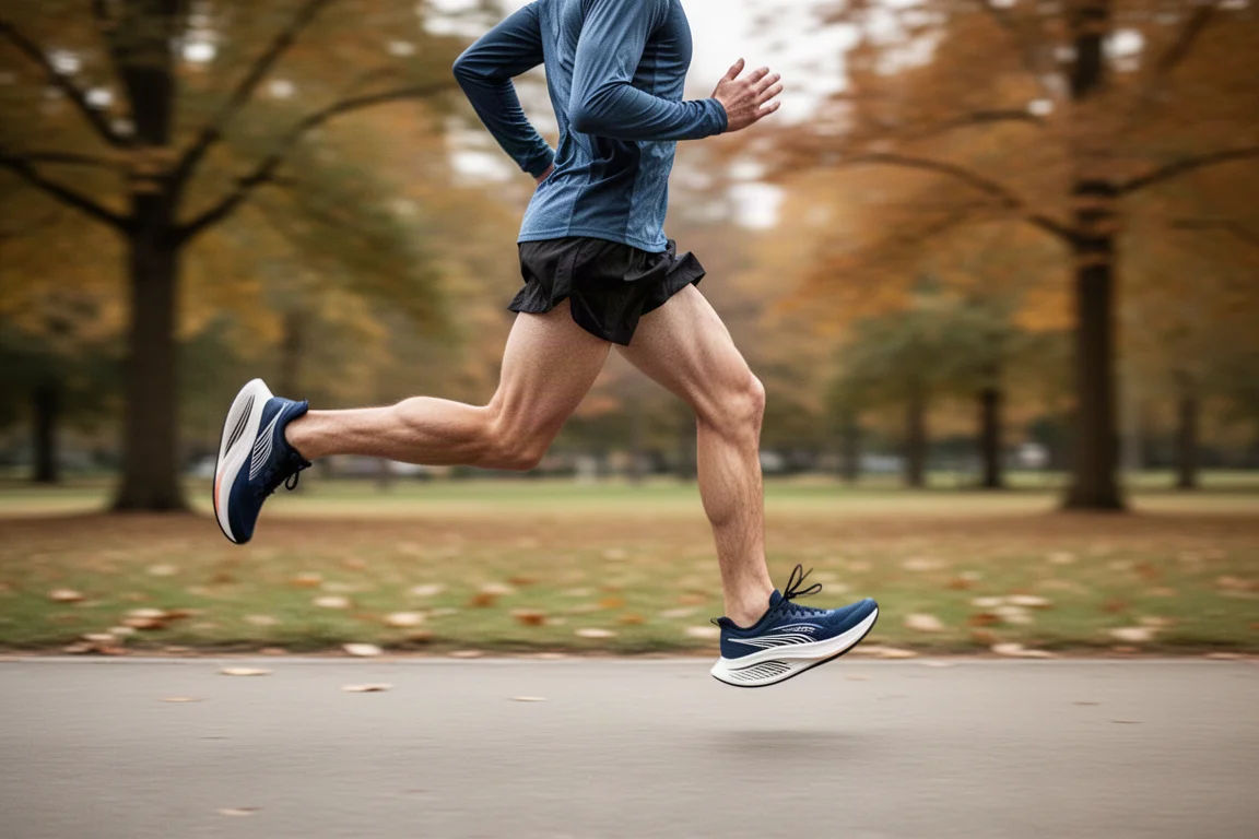 Runner rolling through a long uptempo effort on a paved path