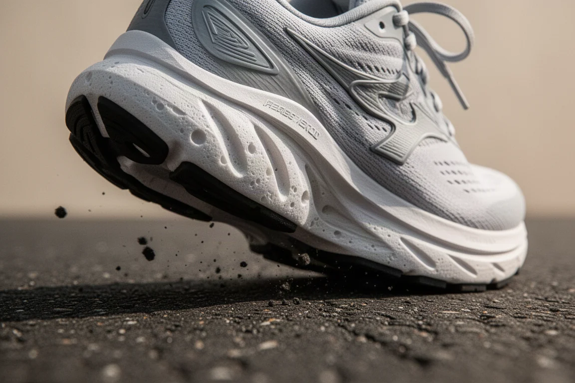 Close-up of a running shoe midsole compressing against tarmac