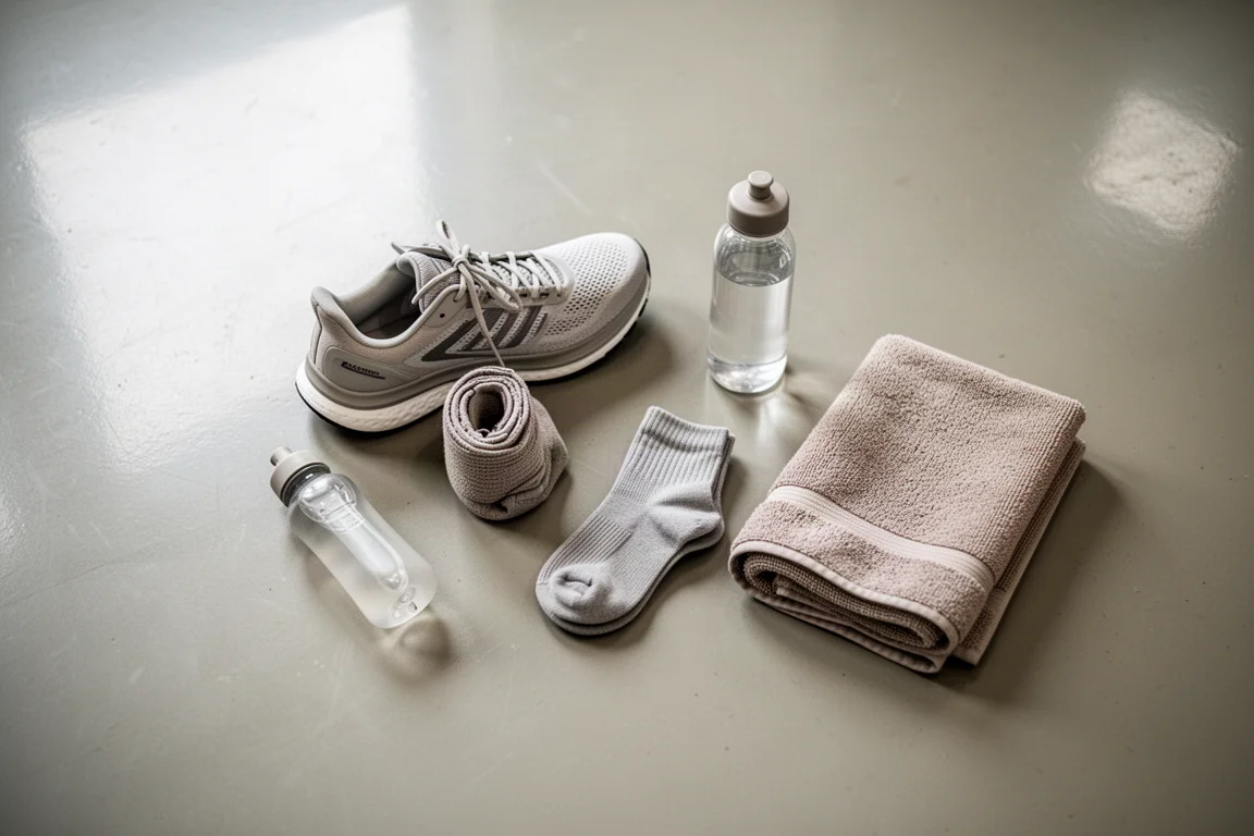 Flat-lay of running gear and a cushioned trainer on a gym floor