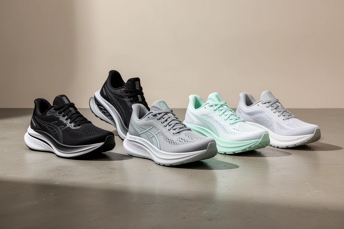Fünf leichte Laufschuhe, in einem Bogen auf dem Betonboden eines Studios arrangiert