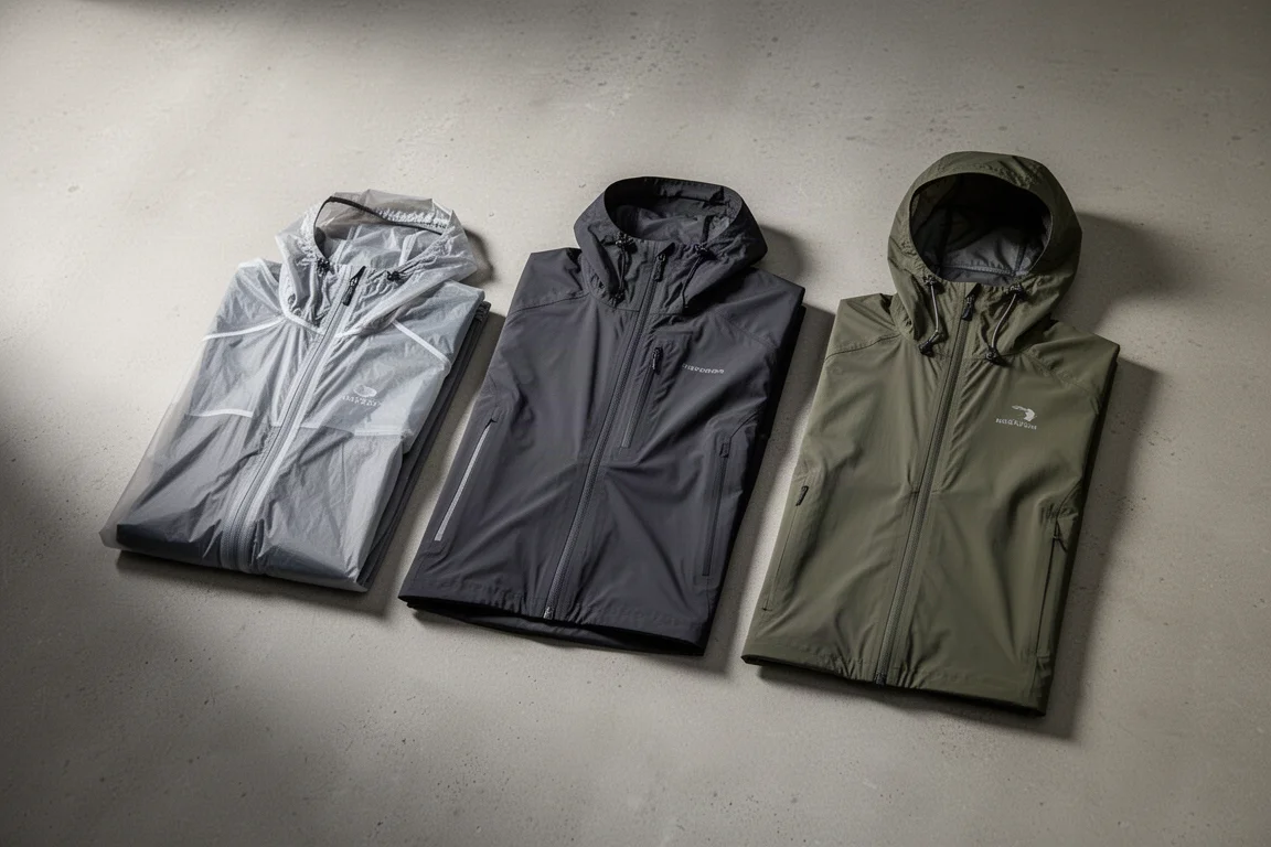 Three lightweight hiking rain jackets arranged on a matte concrete surface