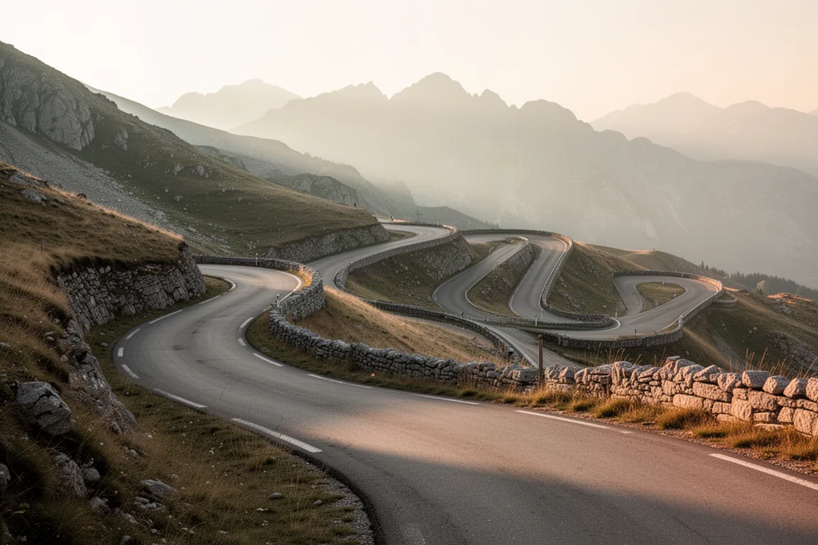 Leere alpine Serpentinenstraße zur goldenen Stunde mit langen, weichen Schatten
