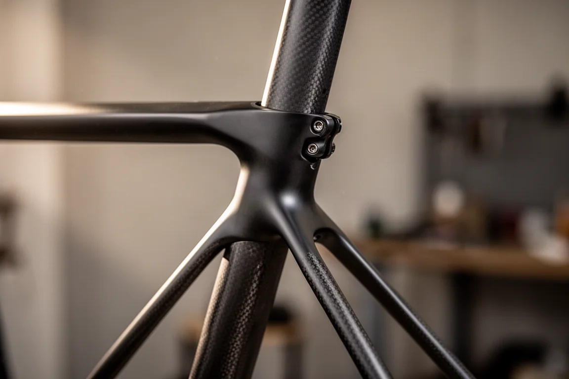 Nahaufnahme einer schlanken Carbon-Rahmenverbindung am Rennrad mit mattem Finish