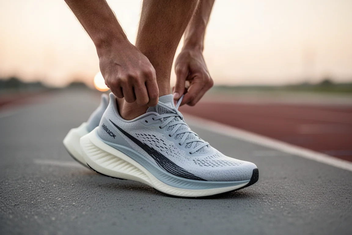 Läufer schnürt zu Beginn eines Tempoeinheits-Trainings einen leichten Rennschuh