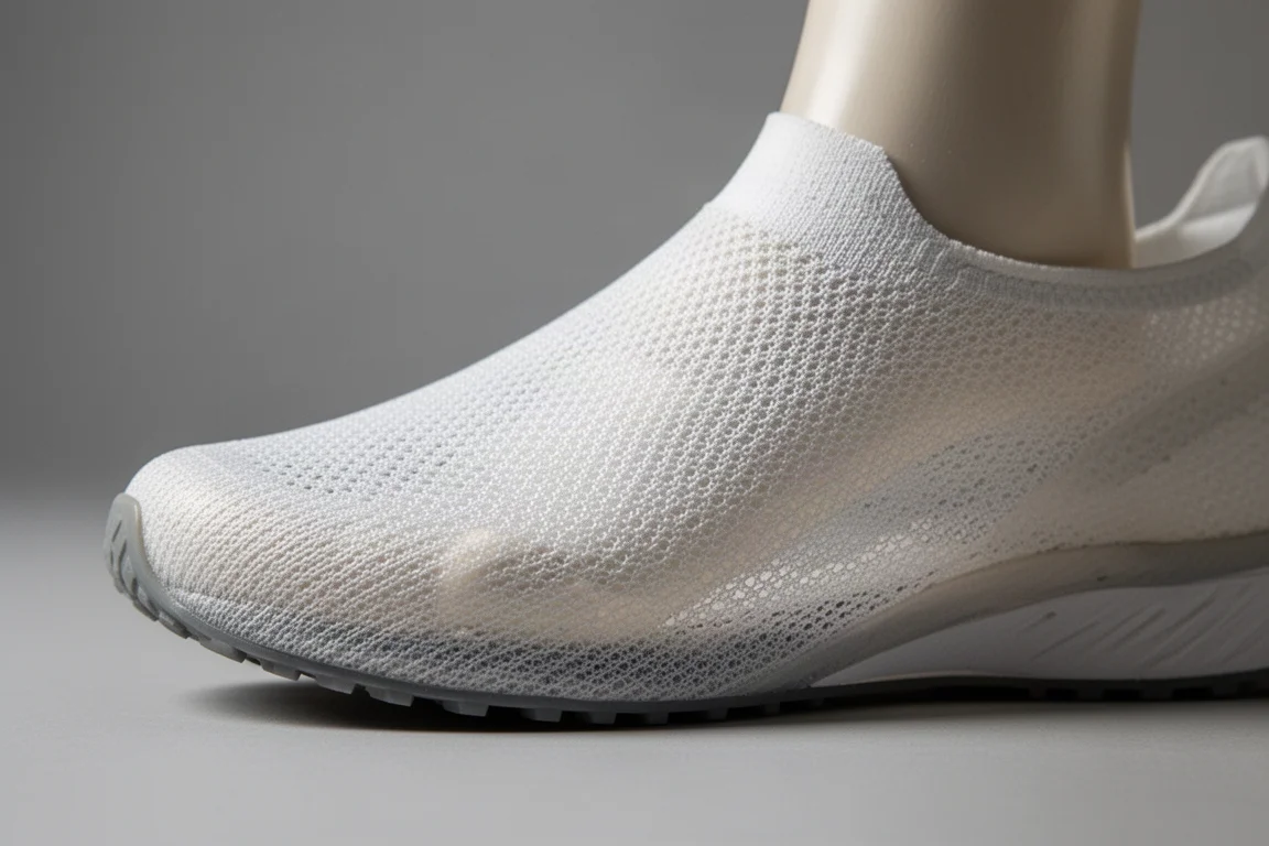 Primer plano de un empeine de malla ligera de zapatilla de running sobre un fondo neutro