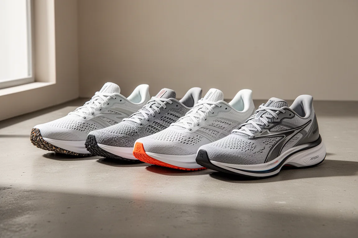 Five lightweight running shoes arranged in a row on a concrete surface