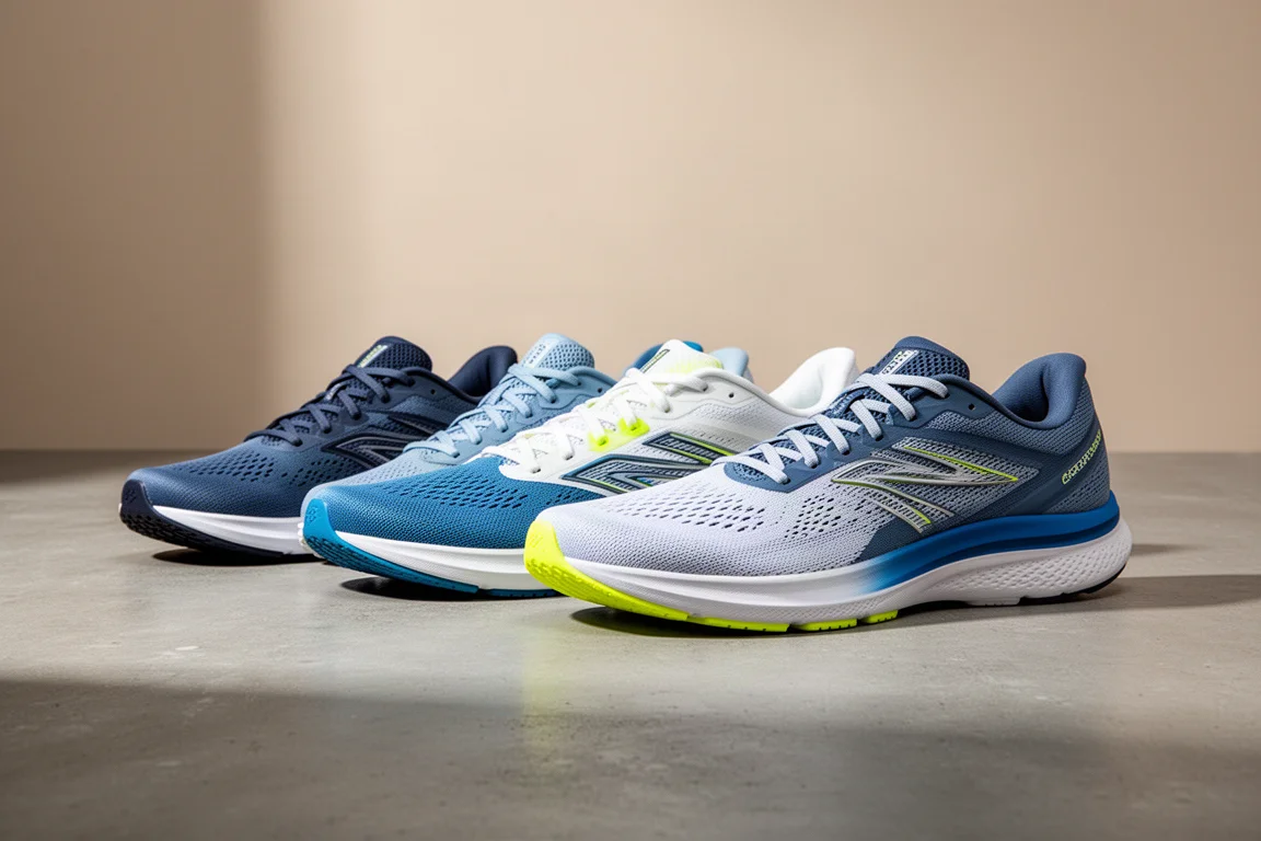 Five lightweight running shoes lined up on a matte concrete surface