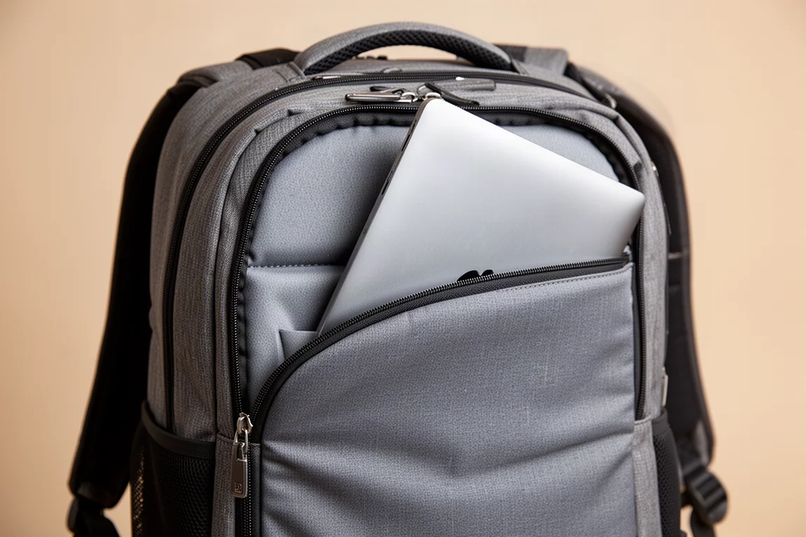 Laptop wsuwany do wyściełanej tylnej komory plecaka podróżnego