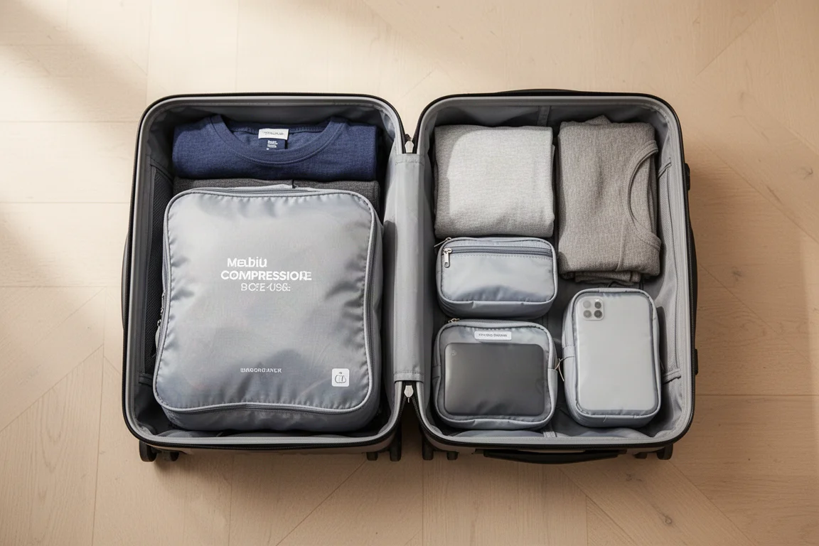 Packing cubes en opgevouwen kleding netjes gerangschikt in open bagage