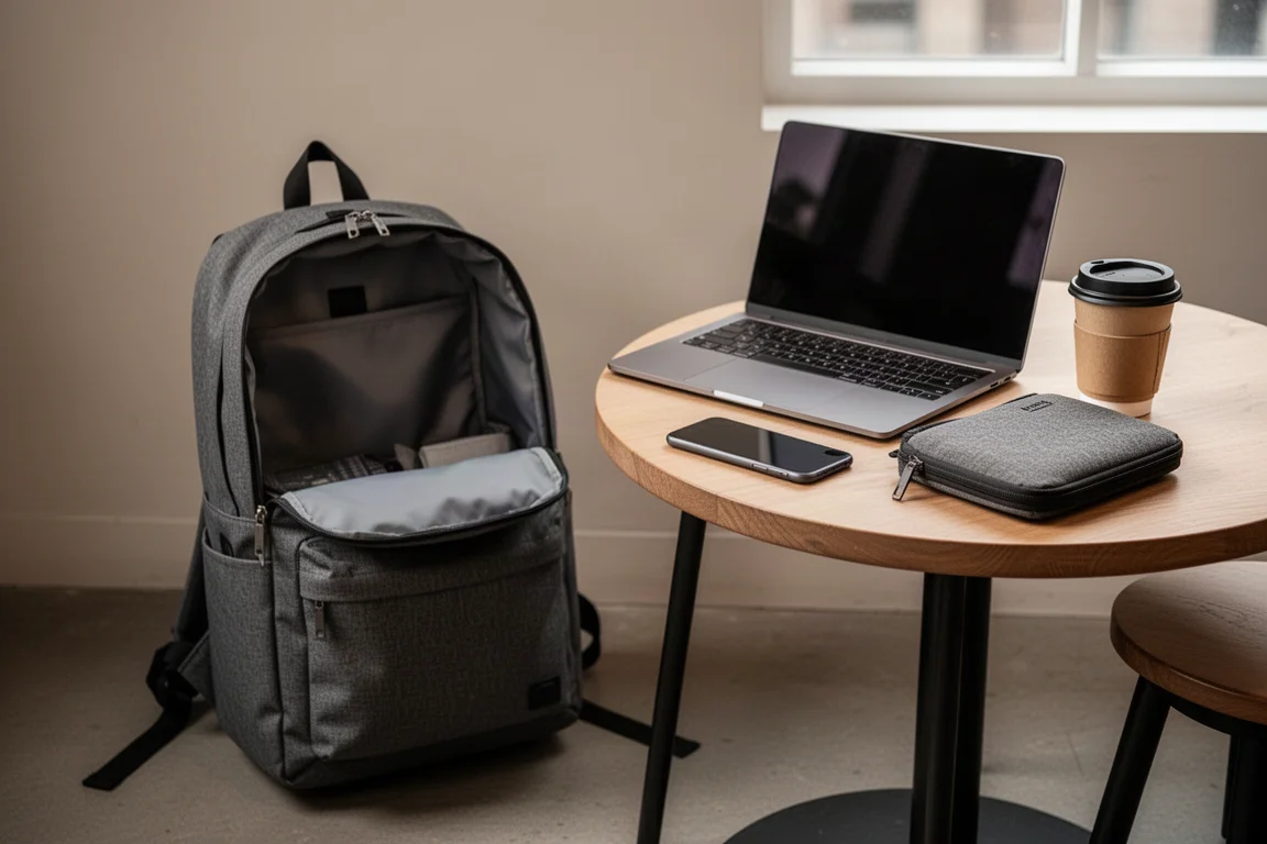 Laptop en werkaccessoires georganiseerd in een compacte dagrugzak aan een cafétafel
