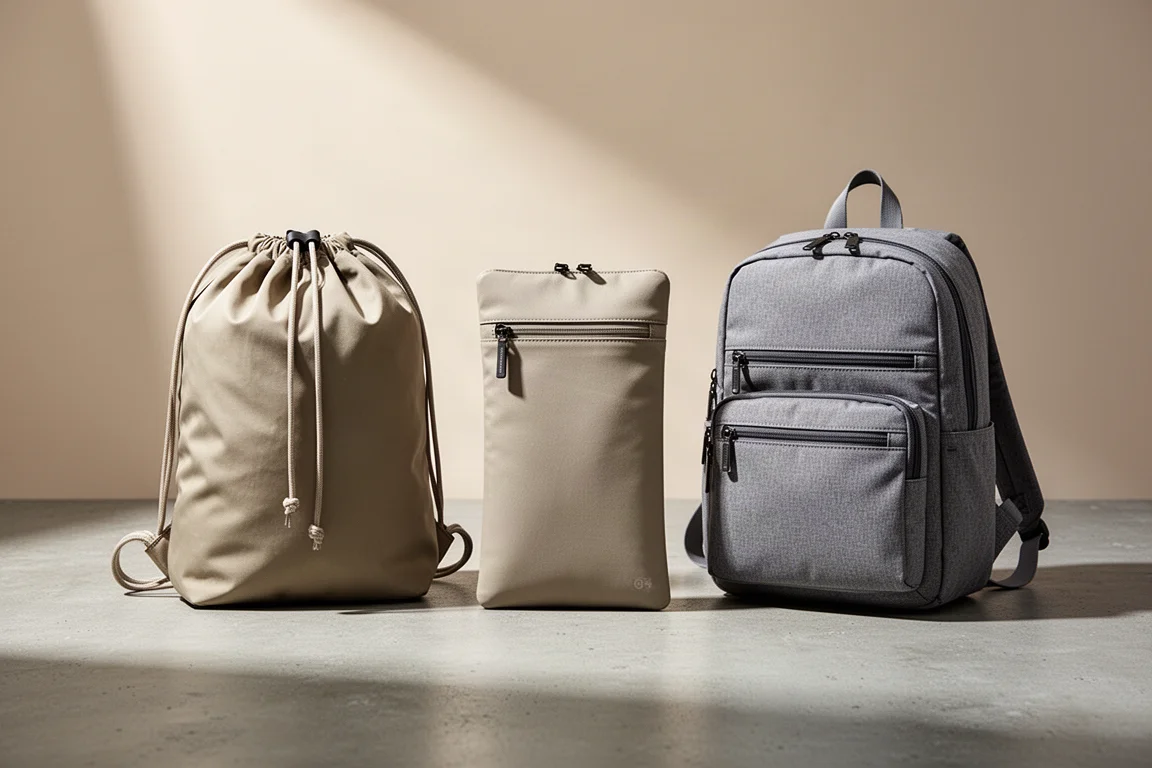 Drei leichte Travel Daypacks mit unterschiedlichen Verschlüssen auf einer Betonfläche arrangiert