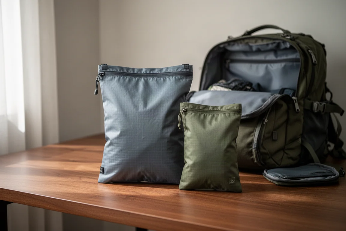 Twee lichte reisetuis staan rechtop op een bureau, één groter en één kleiner