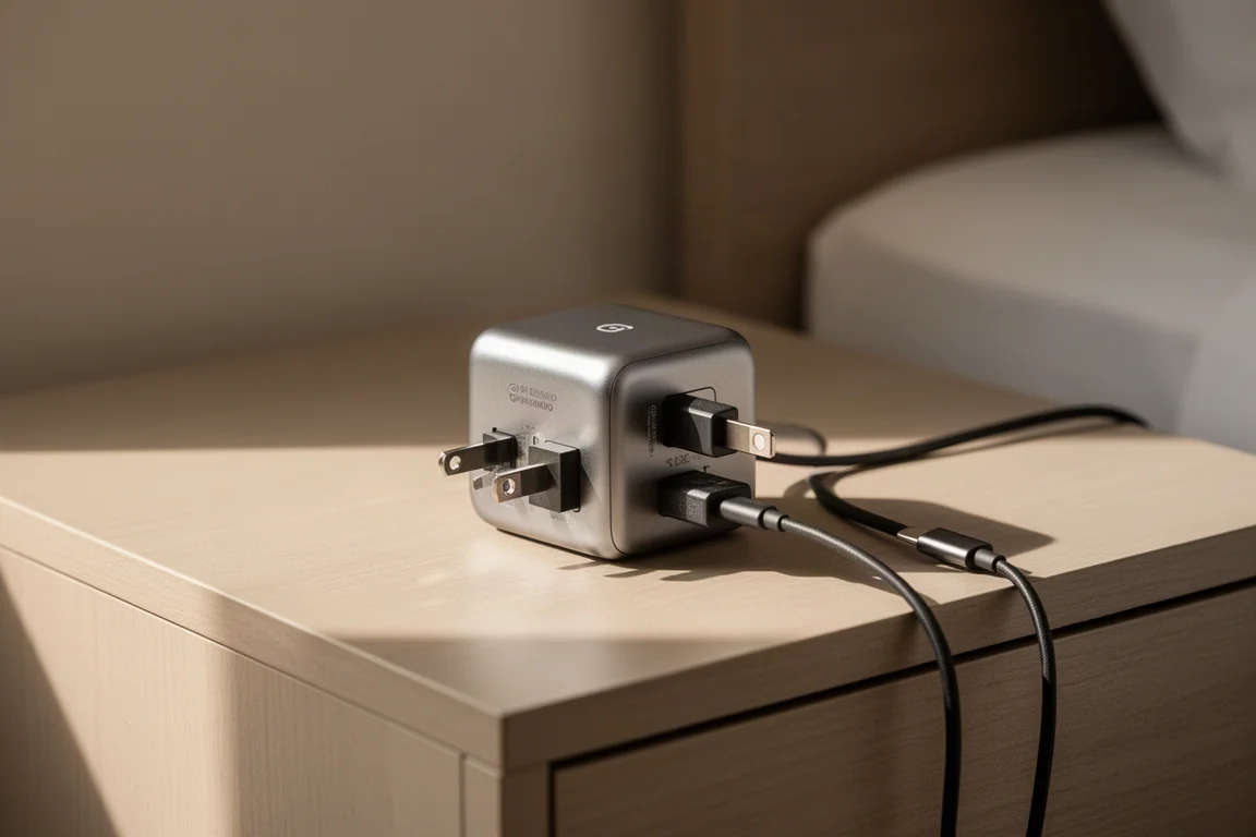 Compacte vierkante reislader met schuivende stekkeradapters op een nachtkastje in een hotel