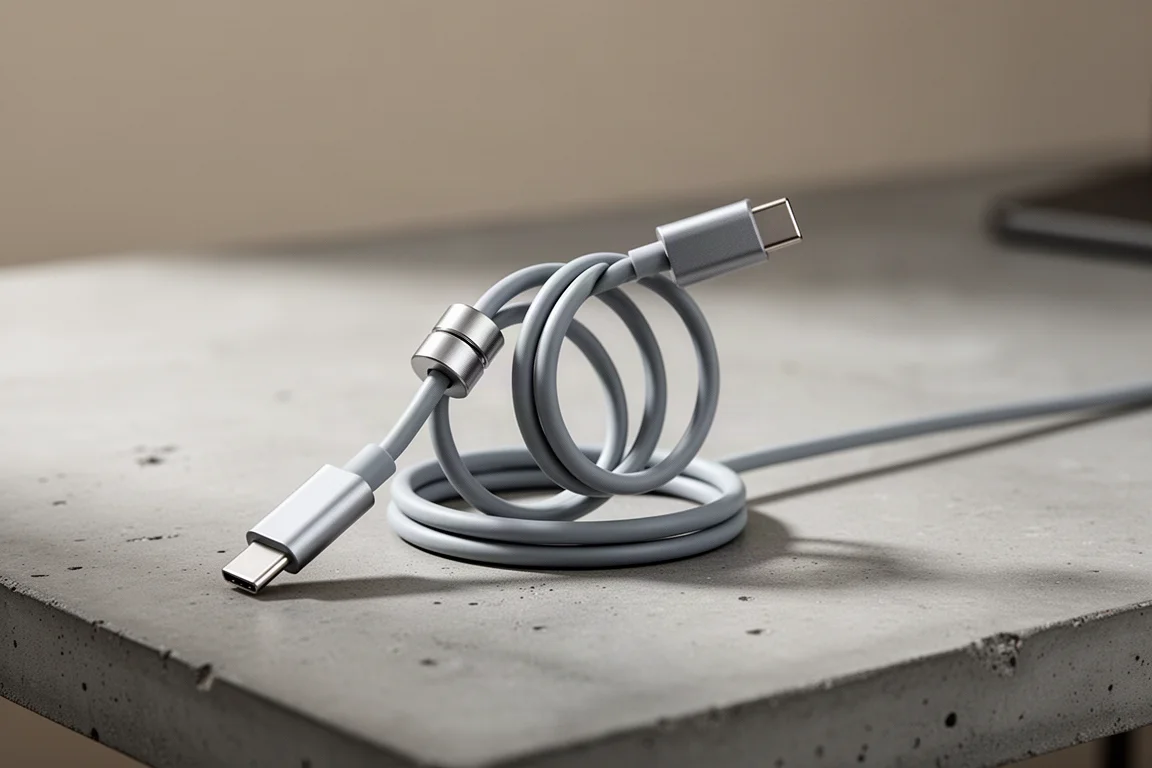 Magnetische USB-C-kabel deels opgerold op een bureau, aangelokt tot een nette lus