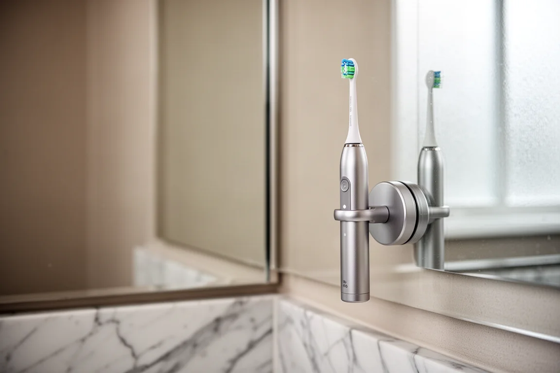 Elektrische tandenborstel staat in een magnetische spiegelhouder in een moderne badkamer